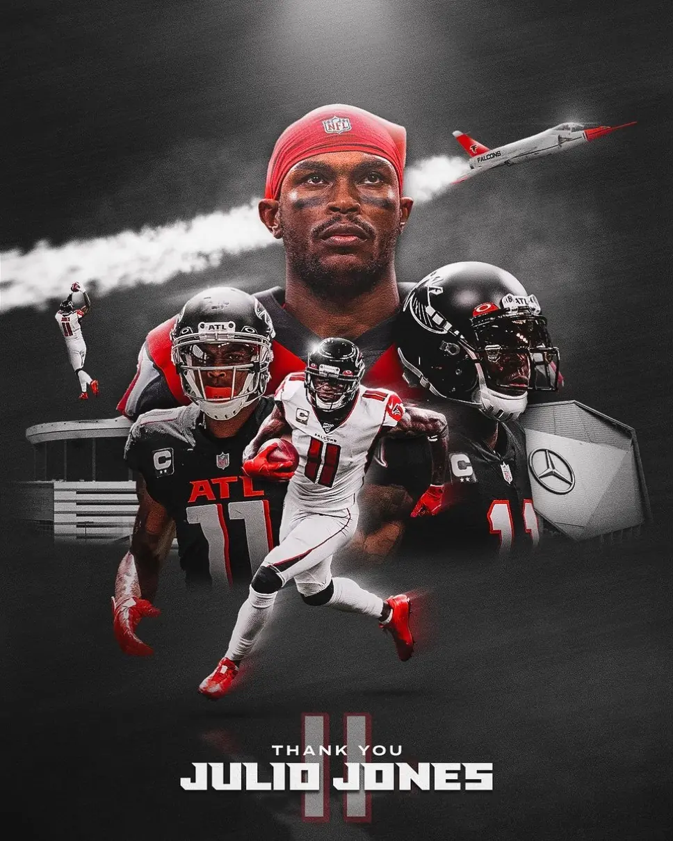 Tribute graphic celebrating Julio Jones, featuring action shots of him in Atlanta Falcons gear