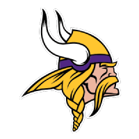 Viking mascot featuring a horned helmet, long braided hair