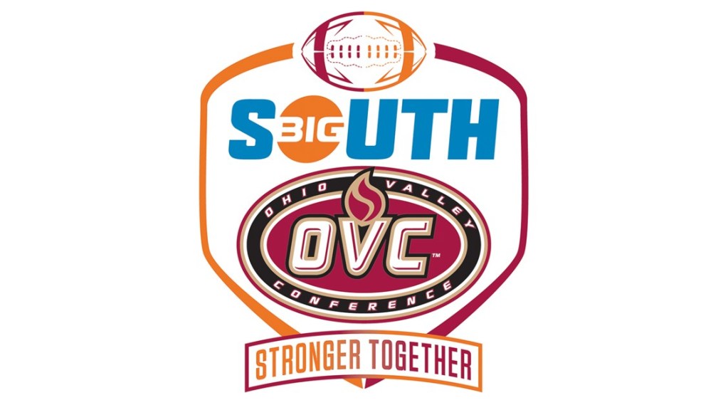Logo combining Big South and Ohio Valley Conference branding, featuring a football and the tagline "Stronger Together."