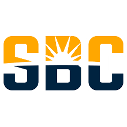 SBC logo featuring bold letters in blue and orange, with a sun graphi