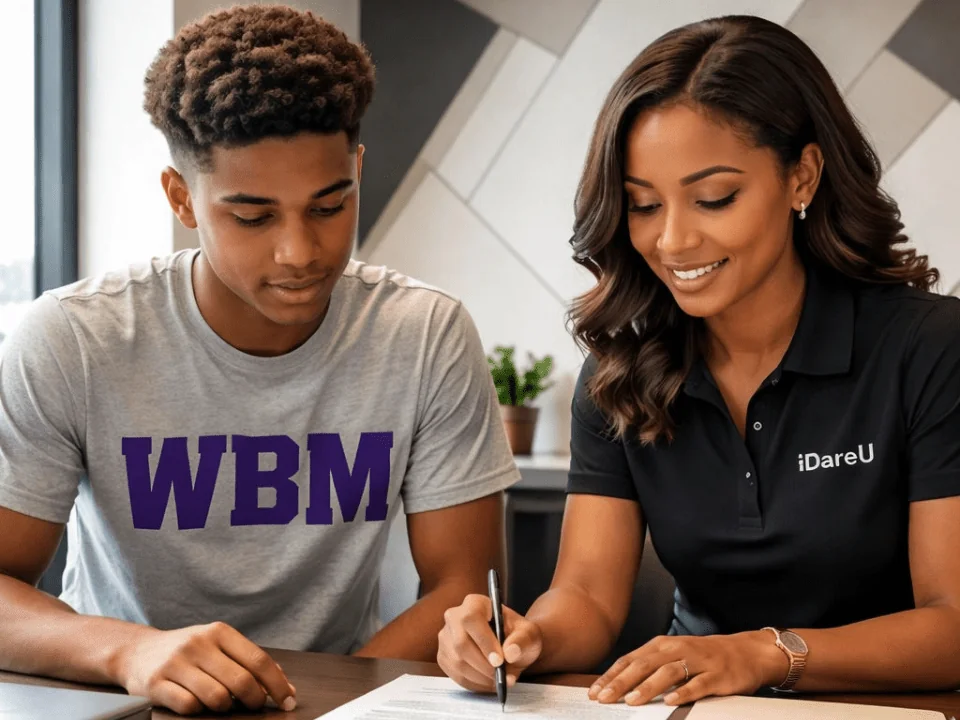 A young man in a WBM t-shirt sits next to a smiling woman in an iDareU polo. They review documents at a table, conveying a focused and supportive atmosphere.