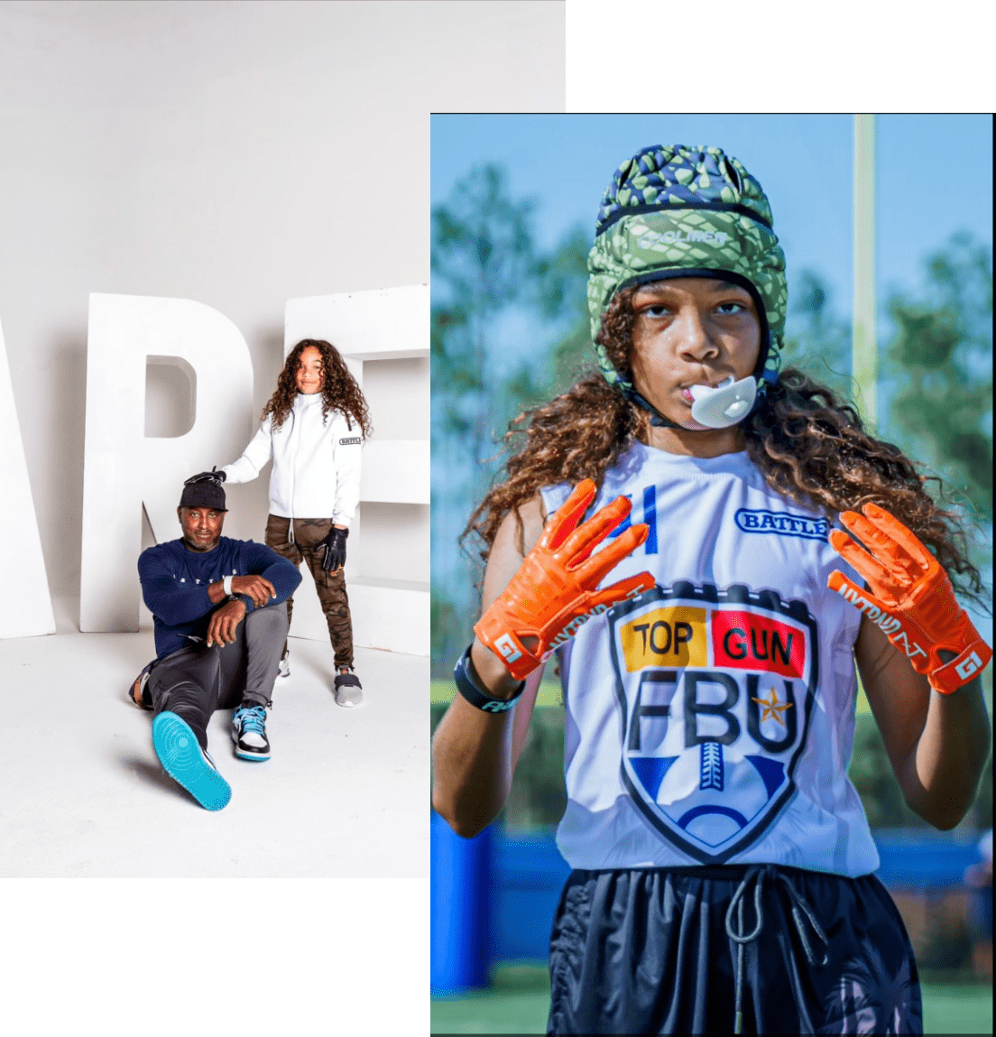A sports-themed collage features a young athlete wearing a camouflage cap, orange gloves, and a mouthguard, exuding determination. Beside this, a person sits on the floor in casual attire with sneakers, while another stands behind, both against giant white letters. The overall tone is energetic and inspiring.