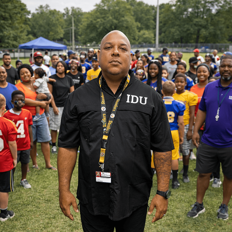 A confident leader stands in front of a crowd during a youth sports event