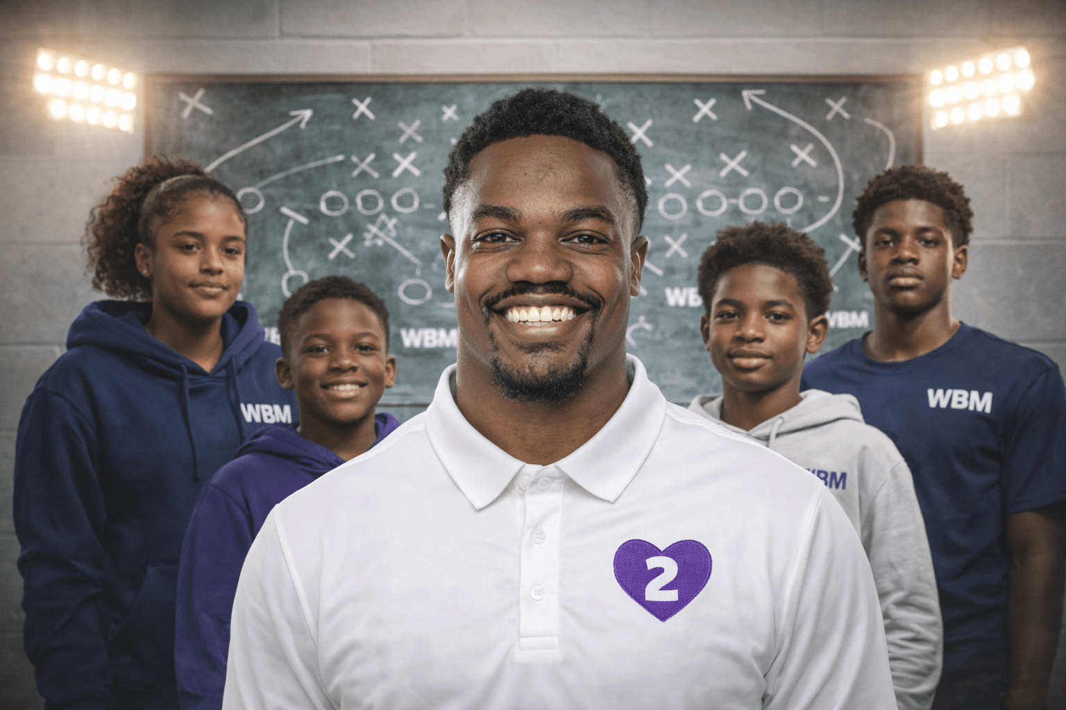 Coach stands confidently in front of a chalkboard filled with game strategies