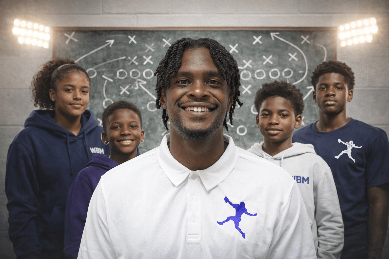 Coach stands confidently in front of a chalkboard filled with game strategies