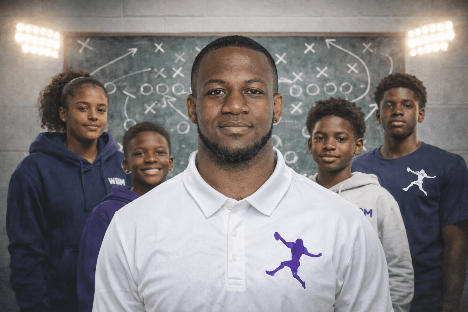 Coach stands confidently in front of a chalkboard filled with game strategies