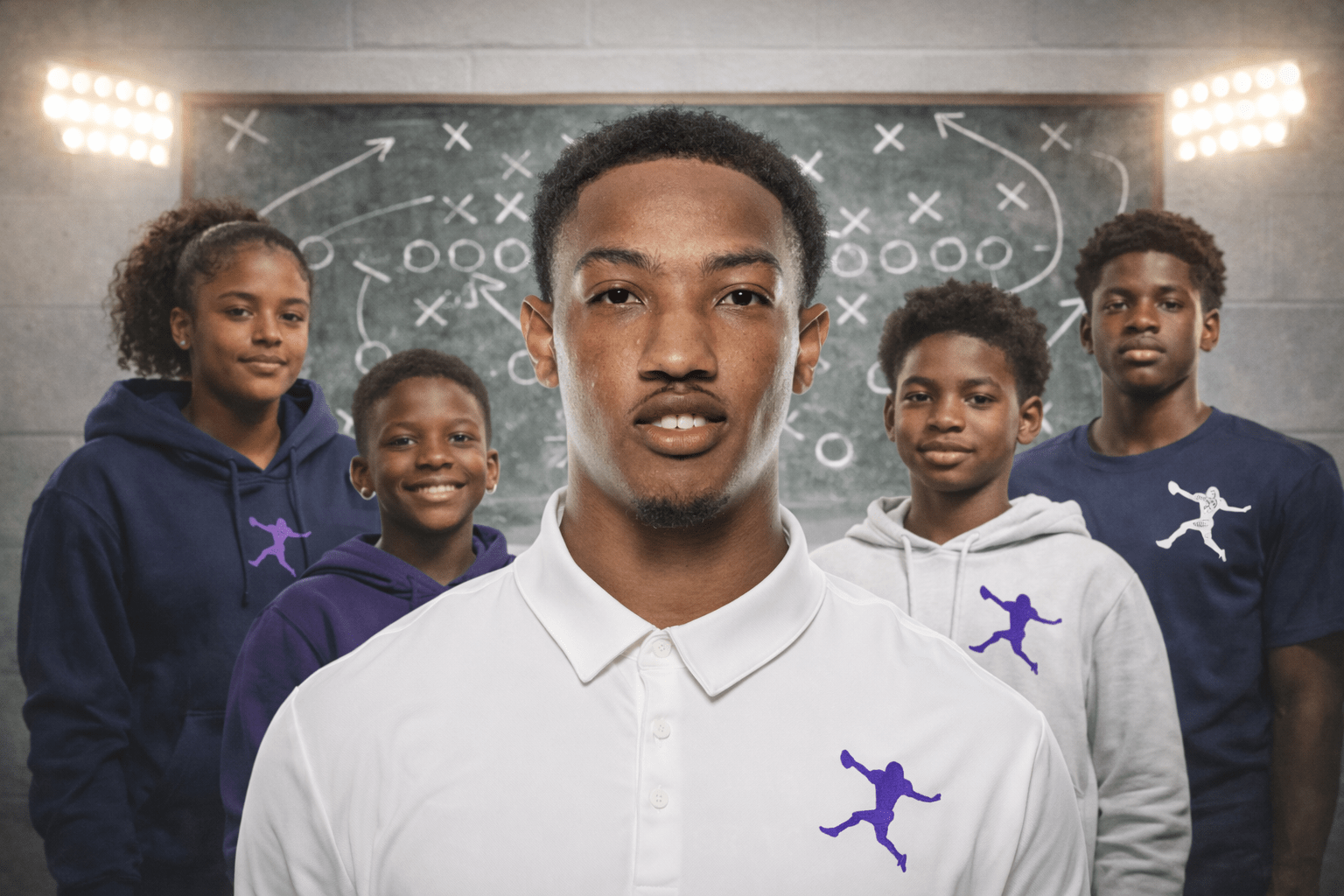 A young man in a white polo stands confidently in front of a chalkboard