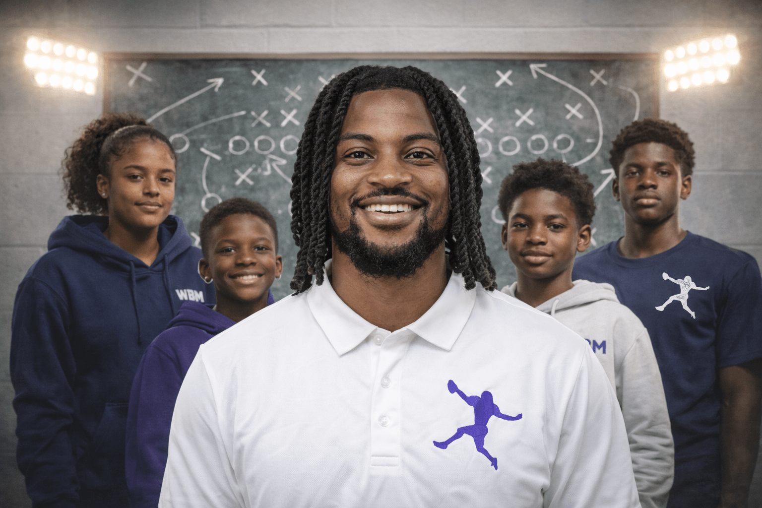 Coach stands confidently in front of a chalkboard filled with game strategies