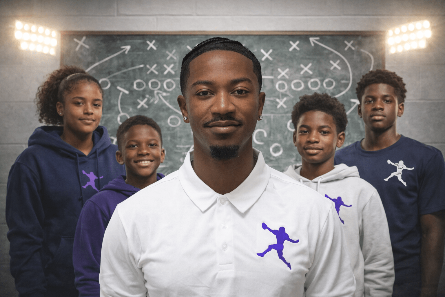 Coach stands confidently in front of a chalkboard filled with game strategies